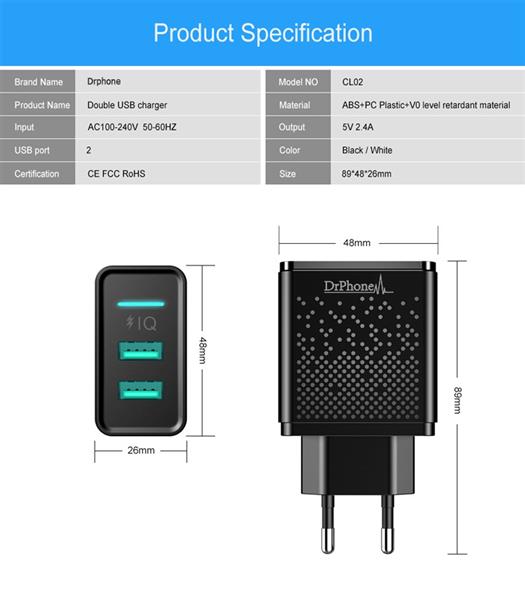 Grote foto drphone acc02 iq smart 2 poort lader 5v 2.4a 2 usb poorten smartphone tablet lader wit telecommunicatie opladers en autoladers