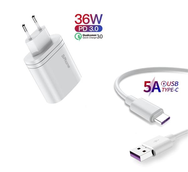 Grote foto drphone icon 36w 2 poort fast charge oplader voor o.a. samsung 1 meter usb c oplaadkabel 5a telecommunicatie opladers en autoladers