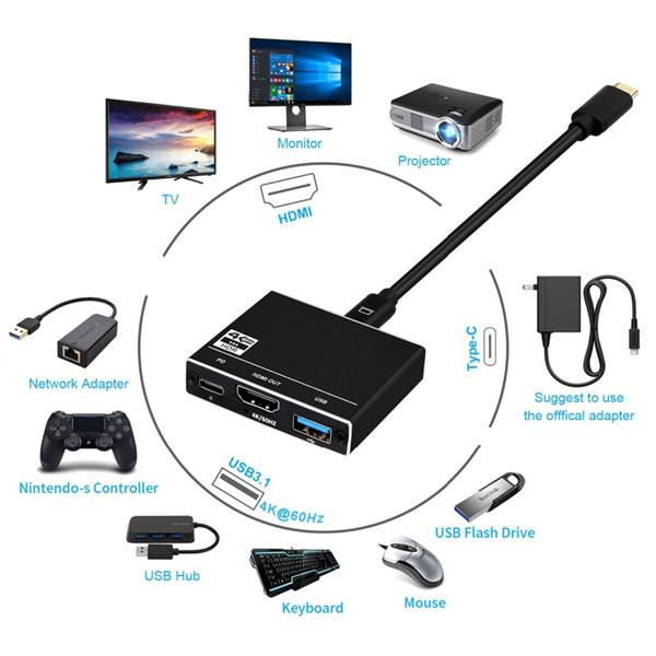 Grote foto drphone thd3 usb c hdmi 4k 60hz power delivery pd 100w opladen usb 3.0 adapter zwart computers en software overige computers en software