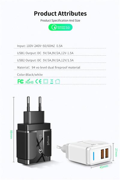 Grote foto drphone halo3 18w dubbele qualcom 3.0 quick charge thuislader adapter snel lader fast charge telecommunicatie opladers en autoladers