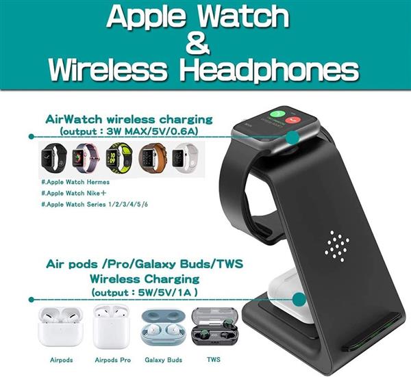 Grote foto drphone qw3 3 in 1 draadloze oplader dock apple watch apple airpods galaxy buds iphone kleding dames horloges