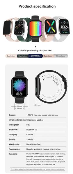 Grote foto drphone curvx 3d pixel scherm smartwatch 44mm 1.78 inch 420 485 ecg fitness tracker hartslag kleding dames horloges