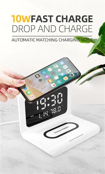 Grote foto drphone xk4 digitale wekker met draadloos opladen led display geschikt voor smartphones met qi telecommunicatie opladers en autoladers