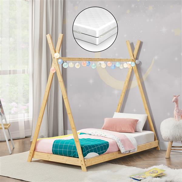 Grote foto en.casa kinderbed vimpeli tipi met matras bamboe 70x140 cm houtkleurig huis en inrichting overige