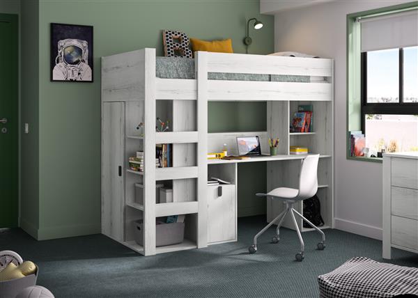 Grote foto lugano hoogslaper met bureau 90x200 wit eiken gami kinderen en baby complete kinderkamers