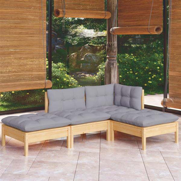 Grote foto vidaxl 4 delige loungeset met grijze kussens massief grenenhout tuin en terras tuinmeubelen