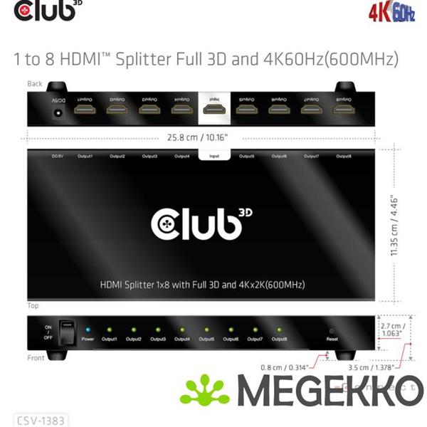 Grote foto club3d 1 to 8 hdmitm splitter full 3d and 4k60hz 600mhz computers en software netwerkkaarten routers en switches