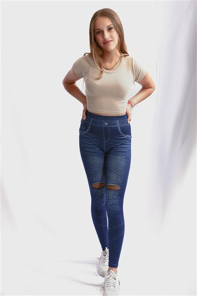 Grote foto blauwe jeanslook legging met gaten en steentjes kleding dames ondergoed