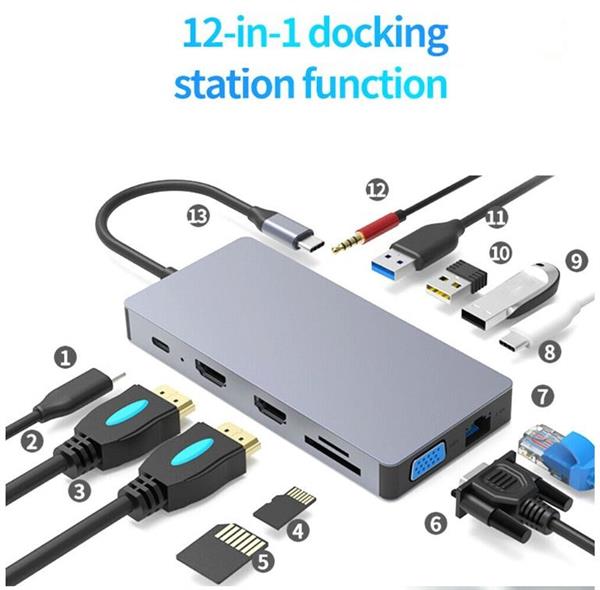 Grote foto drphone md5 12 in 1 hub 2x hdmi 3 schermen usb c naar hdmi vga usb 3.0 pd 100w micro sd computers en software overige computers en software