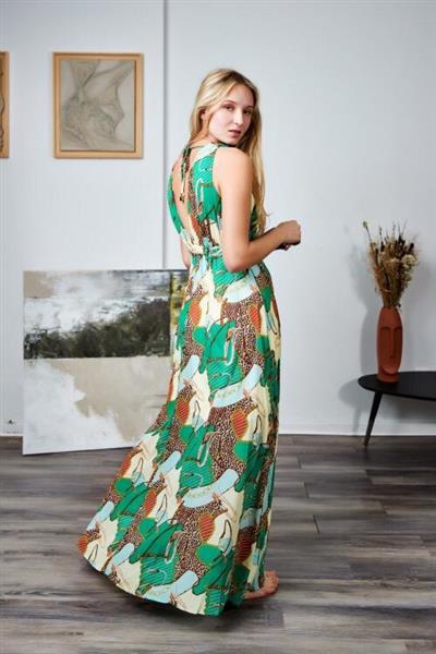 Grote foto selena maxi jurk beige groen 5852 kleding dames overige kledingstukken
