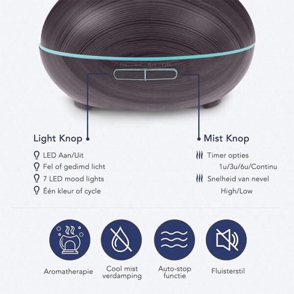 Grote foto lifegoods aroma diffuser 300 ml luchtbevochtiger 7 led kleuren donkerbruin huis en inrichting woningdecoratie