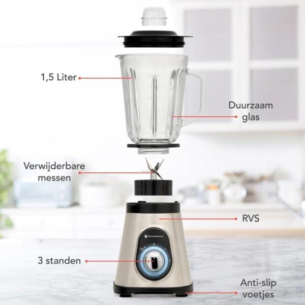 Grote foto kitchenbrothers smoothie blender 1.5 liter glazen kan 3 standen 700w rvs zwart huis en inrichting keukenbenodigdheden