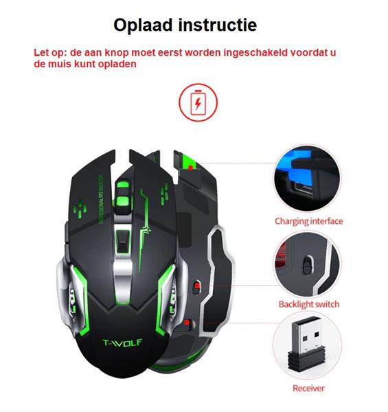 Grote foto elementkey m1 wireless gaming muis oplaadbaar draadloos led 6 knoppen 2400 dpi usb opt computers en software overige computers en software