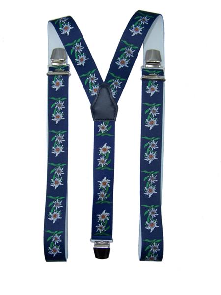 Grote foto donkerblauwe bretels met edelweiss bloemen en extra sterke clips kleding dames riemen