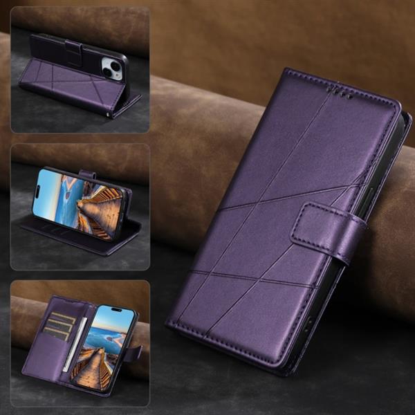 Grote foto iphone 15 flip case portefeuille wallet cover leer hoesje paars telecommunicatie mobieltjes