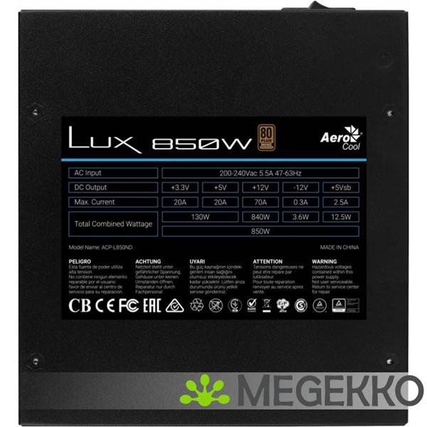 Grote foto aerocool lux 850w power supply unit 20 4 pin atx zwart computers en software overige