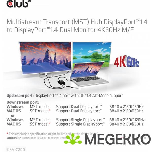 Grote foto club3d csv 7200 video splitter displayport 2x displayport computers en software overige computers en software