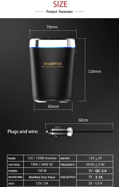 Grote foto drphone car9 multi functionele auto power lader converter omvormer 150w socket 12v 2xusb q telecommunicatie opladers en autoladers