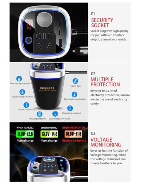 Grote foto drphone car9 multi functionele auto power lader converter omvormer 150w socket 12v 2xusb q telecommunicatie opladers en autoladers