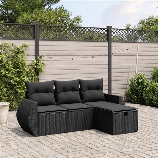 Grote foto vidaxl 4 delige loungeset met kussens poly rattan zwart tuin en terras tuinmeubelen