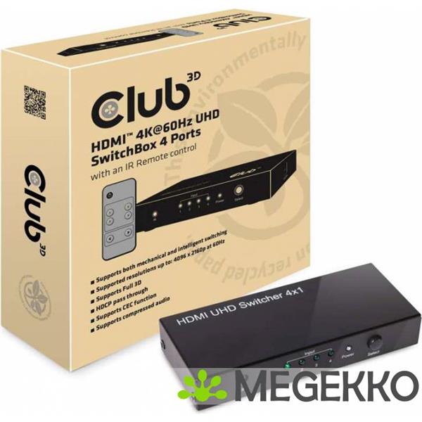 Grote foto club3d hdmi 2.0 uhd switchbox 4 ports computers en software netwerkkaarten routers en switches