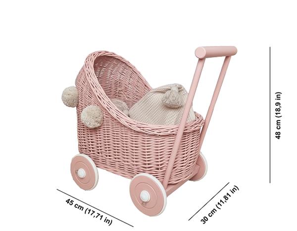 Grote foto poppenwagen roze met beige dekens en pompons roze met beige dekens pompons kinderen en baby poppen