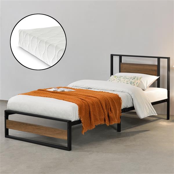 Grote foto metalen bed villach met matras 90x200 cm zwart en walnoot huis en inrichting bedden