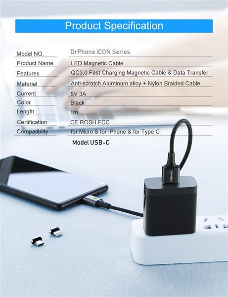 Grote foto drphone icon 2 meter magnetische type c kabel usb c oplaadkabel datakabel 3.0a support snella telecommunicatie opladers en autoladers