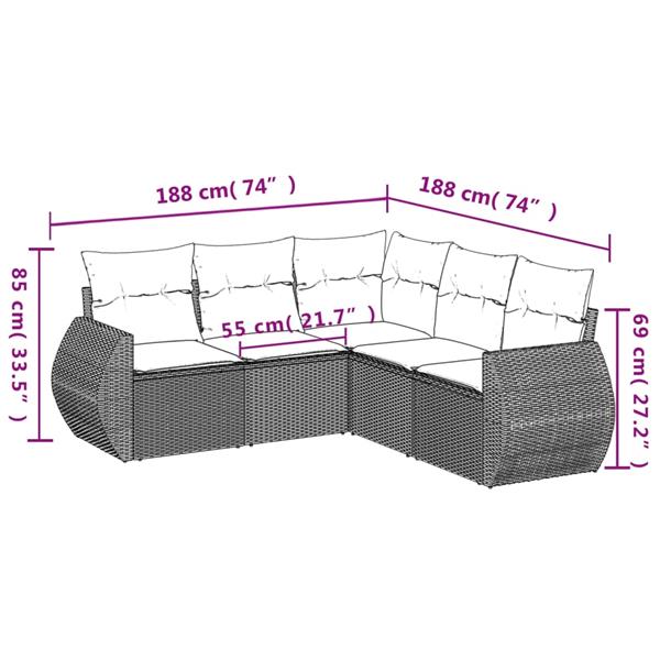 Grote foto vidaxl 5 delige loungeset met kussens poly rattan grijs tuin en terras tuinmeubelen