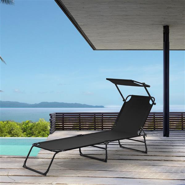Grote foto ligbed ligstoel met zonneluifel 187x53x27 cm zwart tuin en terras tuinmeubelen