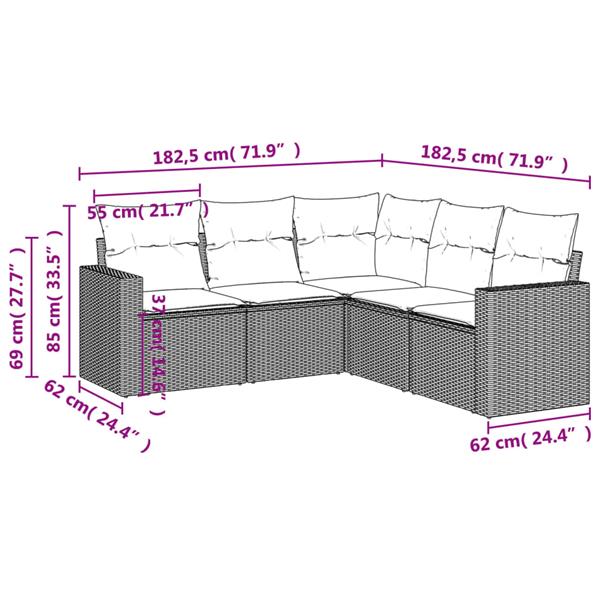 Grote foto vidaxl 5 delige loungeset met kussens poly rattan bruin tuin en terras tuinmeubelen