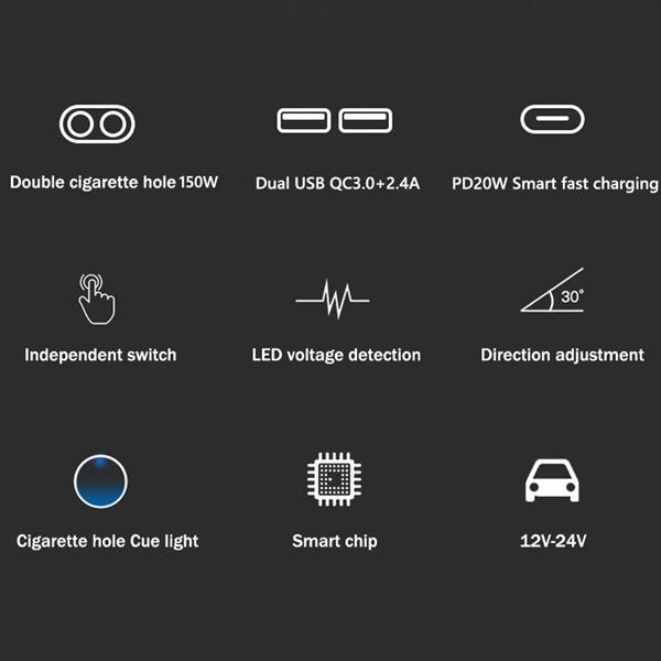 Grote foto drphone car10 multi autolader 150w sigarettenaansteker qc3.0 2.4a 2 sockets met type c pd 20 telecommunicatie opladers en autoladers