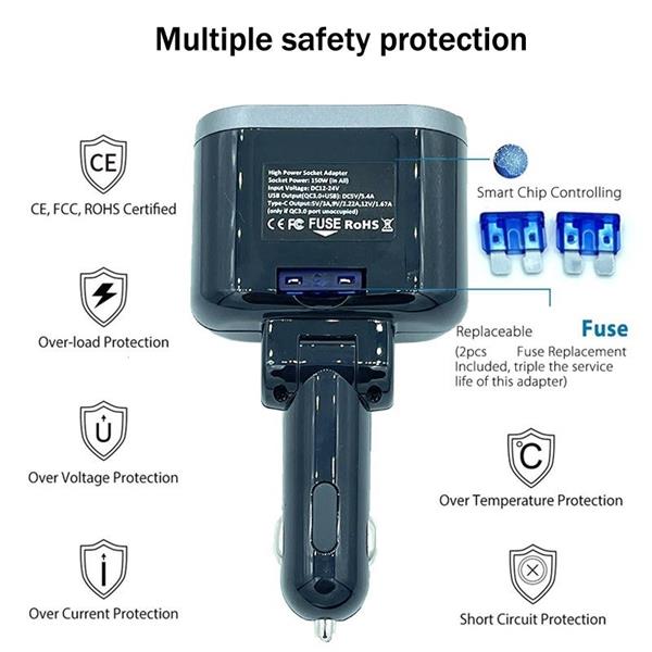 Grote foto drphone car10 multi autolader 150w sigarettenaansteker qc3.0 2.4a 2 sockets met type c pd 20 telecommunicatie opladers en autoladers