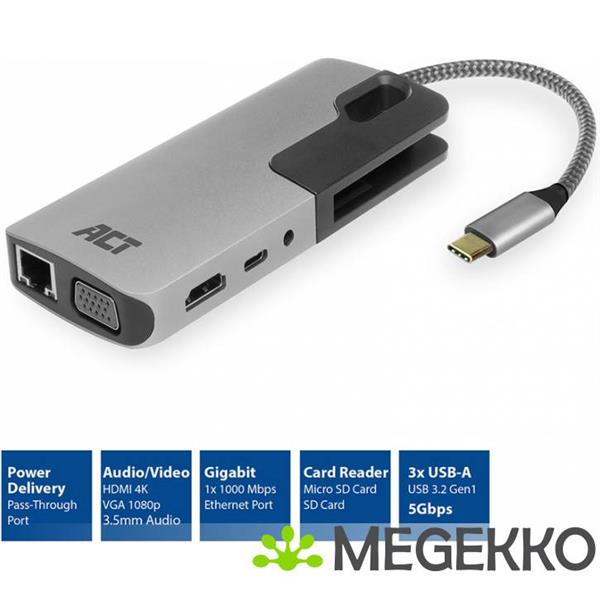 Grote foto act usb c naar hdmi of vga female multiport adapter ethernet 3x usb a cardreader audio pd pass computers en software overige computers en software