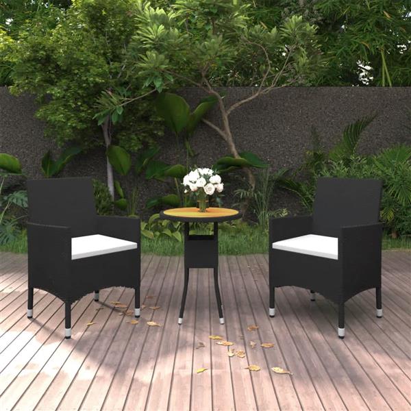 Grote foto vidaxl 3 delige bistroset poly rattan en massief hout zwart tuin en terras tuinmeubelen