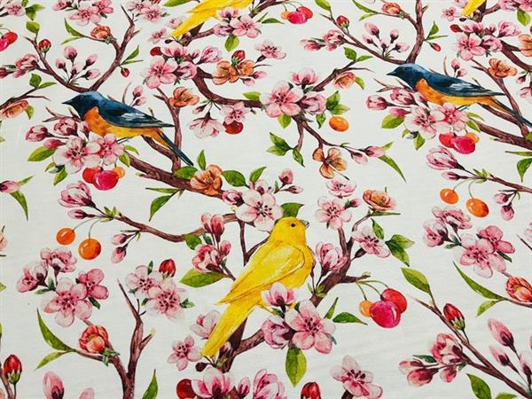 Grote foto verfijnde katoenen stof met vogels op perzikboommotief exclusief voor gfabrics meubelstof 60 antiek en kunst curiosa en brocante