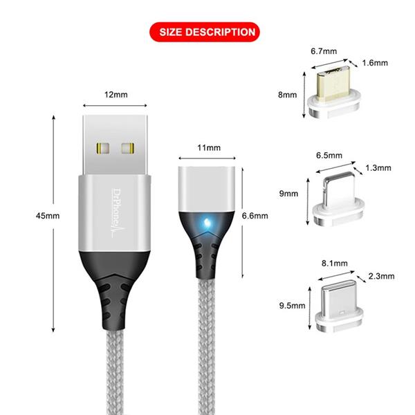 Grote foto drphone echo series 2 meter zilver magnetische usb c kabel 3a type c oplaadkabel snellader telecommunicatie opladers en autoladers