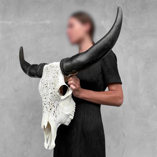 Grote foto geen minimumverkoopprijs schedelkunst grote met de hand gesneden witte buffelschedel gesneden antiek en kunst curiosa en brocante