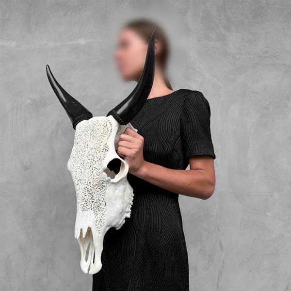 Grote foto geen reserve prijs handgesneden witte koeienschedel varenmotief gesneden schedel bos taurus antiek en kunst curiosa en brocante