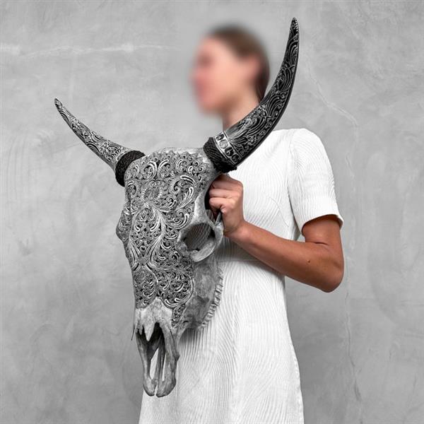Grote foto geen minimumverkoopprijs skull art handgesneden grijze koeienschedel met boheemse gesneden hoorn antiek en kunst curiosa en brocante