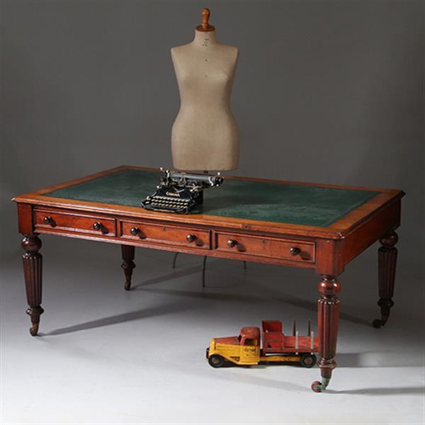 Grote foto victoriaanse partner schrijftafel ca 1870 met 6 laden mahonie groen ingelegd no.941825 antiek en kunst stoelen en banken