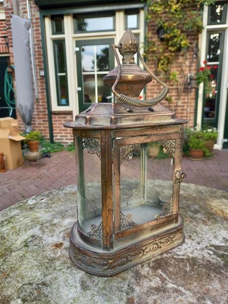 Grote foto lantaarn candle lantern 34 cm glas metaal antiek en kunst curiosa en brocante