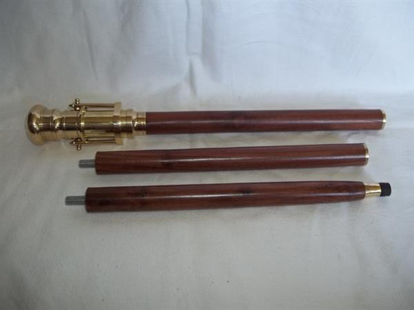 Grote foto wooden 3 piece walking stick with heavy brass handle and nature viewer wandelstok brass and wood. antiek en kunst curiosa en brocante