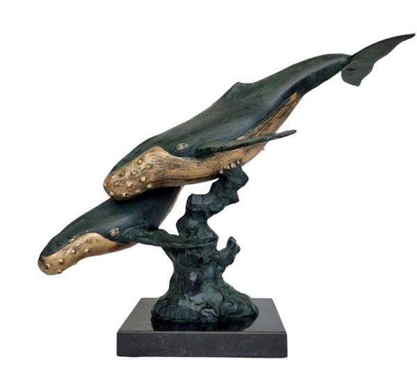 Grote foto sculptuur swimming whales 44 cm aluminium antiek en kunst curiosa en brocante