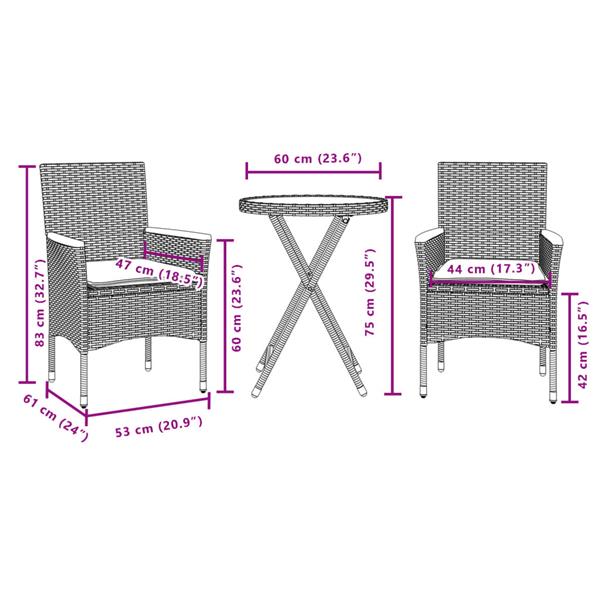 Grote foto vidaxl 3 delige bistroset met kussens poly rattan en glas zwart tuin en terras tuinmeubelen