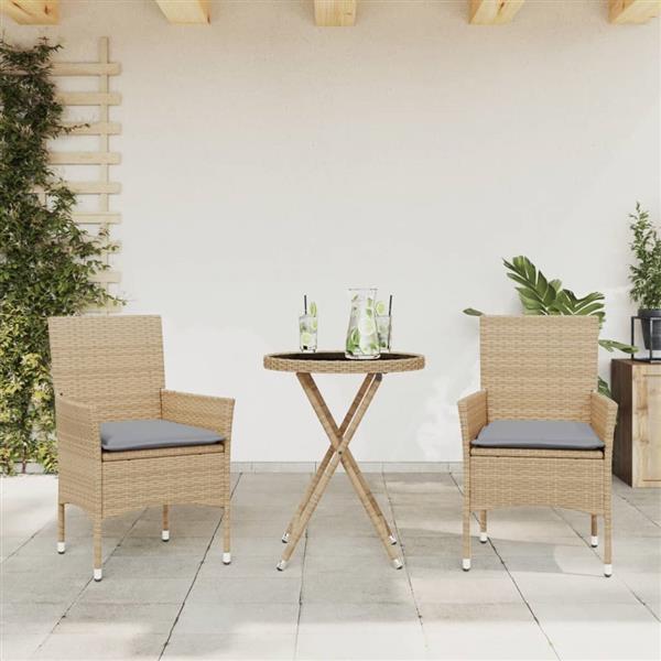 Grote foto vidaxl 3 delige bistroset met kussens poly rattan en glas beige tuin en terras tuinmeubelen