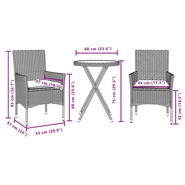 Grote foto vidaxl 3 delige bistroset met kussens poly rattan en glas bruin tuin en terras tuinmeubelen