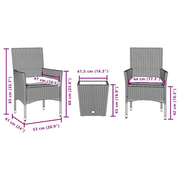 Grote foto vidaxl 3 delige bistroset met kussens poly rattan en glas beige tuin en terras tuinmeubelen