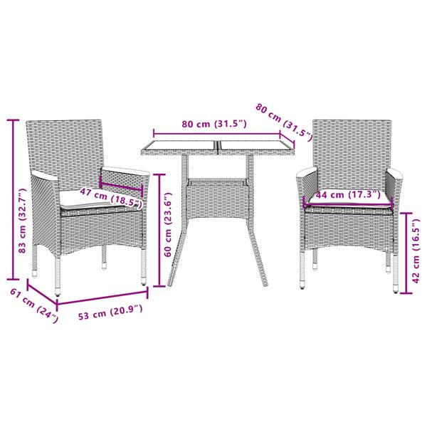 Grote foto vidaxl 3 delige tuinset met kussens poly rattan en glas zwart tuin en terras tuinmeubelen