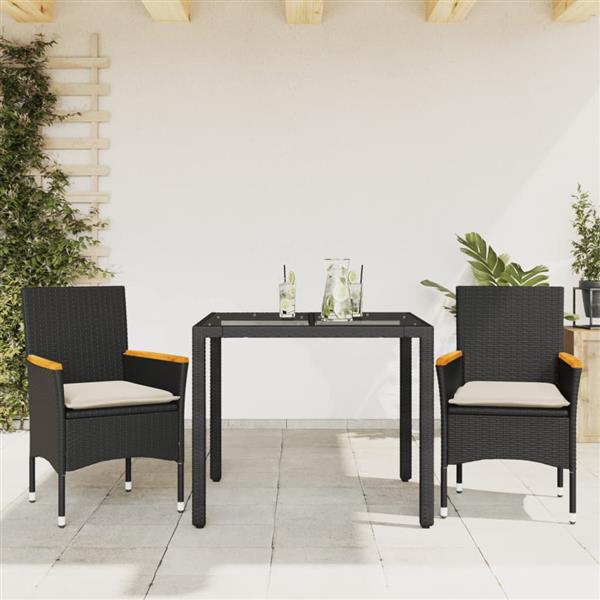 Grote foto vidaxl 3 delige tuinset met kussens poly rattan en glas zwart tuin en terras tuinmeubelen